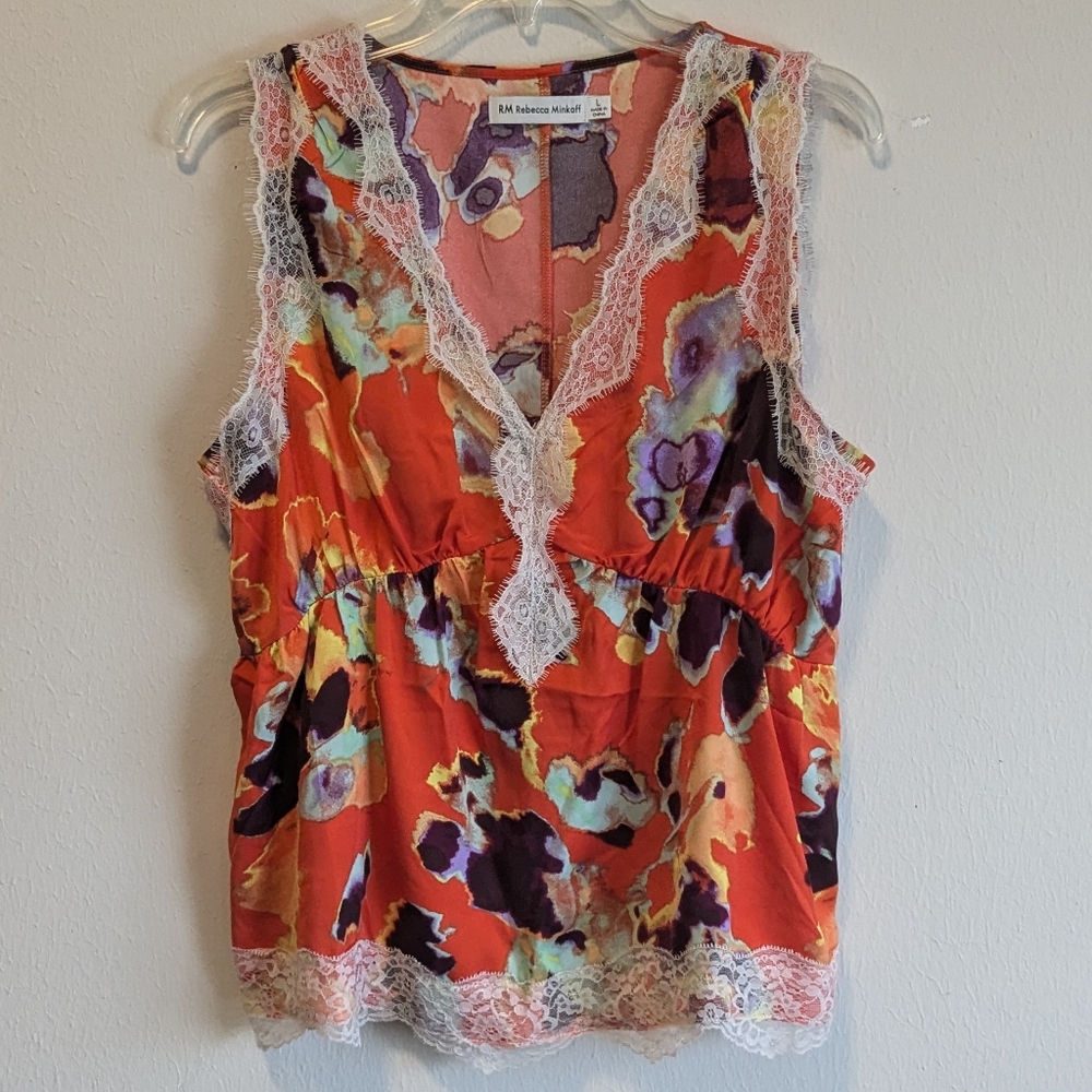 Rebecca Minkoff sleeveless floral print blouse, lace trim, sz M